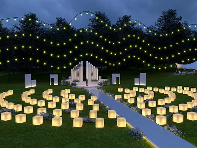 Nighttime Garden Landscape With String Lights Square Lanterns Pathway Leading To Archway 3d model
