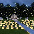 Nighttime Garden Landscape With String Lights Square Lanterns Pathway Leading To Archway 3d model