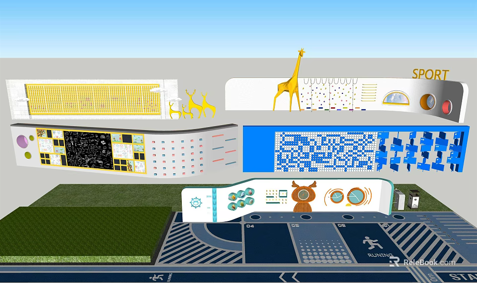 Modern Building Exterior Wall with Yellow Animal Patterns and Blue Grid Design Elements 3d model