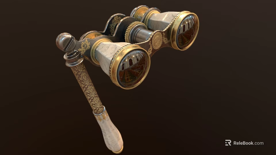 Vintage Decorative Binoculars Elegant Daily Life Item with Gold Silver Metal Parts Carved Ivory Handle 3d model 