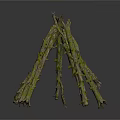 Rustic Triangular Campfire Structure Built With Natural Twigs In Outdoor Setting