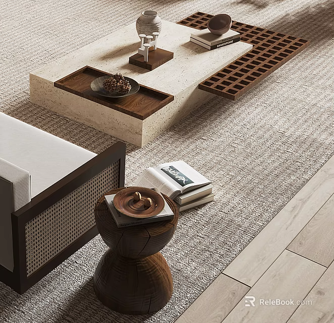 Modern Stone Coffee Table with Decorative Trays Nuts and Small Ornaments on Light Rug 3d model 