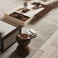 Modern Stone Coffee Table with Decorative Trays Nuts and Small Ornaments on Light Rug
