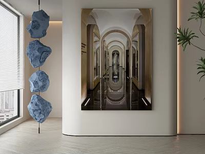 Abstract Painting Hallway Scene In Modern Room With Suspended Blue Stones Decorations Window Greenery 3d model