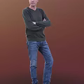 Man In Dark Green Sweater And Blue Jeans Standing With Crossed Arms Against Red Background