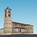 European Architecture Featuring Stone Brick Structure Brown Roof And Blue White Checkered Tower Spire