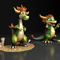 Cartoon Flying Dragons 3D Model With Green Body Orange Manes Sitting Waving Poses Dark Background