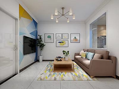 Modern Living Room Interior With Brown Sofa Geometric Rug Wall Art And Chandelier 3d model