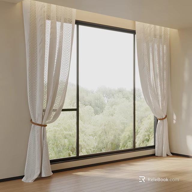 White Lace Curtains With Tiebacks Framing Green Trees View And Natural Light 3d model 