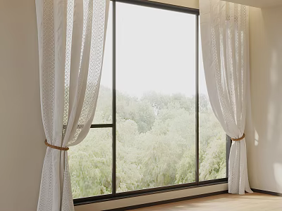 White Lace Curtains With Tiebacks Framing Green Trees View And Natural Light 3d model