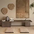 Natural Indoor Wooden Bench With Log Slices Stone Art Palm Plant And Gray Cushions