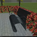 Stylish Garden Ornament With Black Metal Bench Red Flowers Gray Tiled Floor And Green Lawn