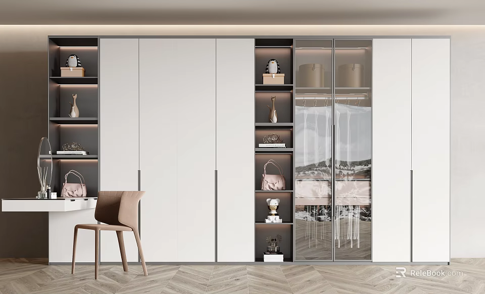 Modern Wardrobe Interior Design With White Cabinets And Glass Door Storage Shelves 3d model 
