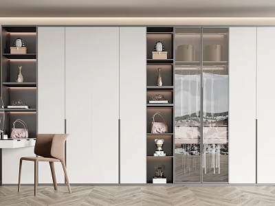 Modern Wardrobe Interior Design With White Cabinets And Glass Door Storage Shelves 3d model