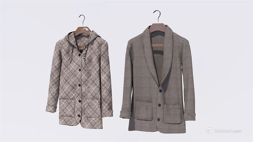 Two Gray Toned Coats Hanging with Hooded Checkered Pattern and Blazer Style Design 3d model