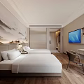Elegant Hotel Guest Room With Twin Beds Mountain Landscape Art Flat Screen TV And Writing Desk