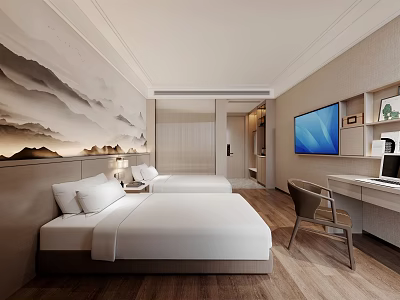 Elegant Hotel Guest Room With Twin Beds Mountain Landscape Art Flat Screen TV And Writing Desk 3d model