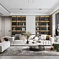 Modern Living Room Interior Design With White Sofa Round Coffee Table Bookshelves And Recessed Lighting