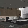 Modern Bedroom Interior With Black Leather Bed Wooden Wall Panel And Large Window