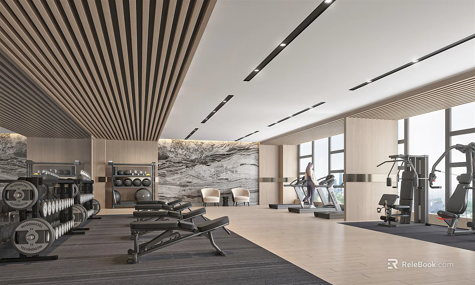 Modern Gym Workout Space With Treadmill Dumbbells Wooden Ceiling And Large Windows 3d model 