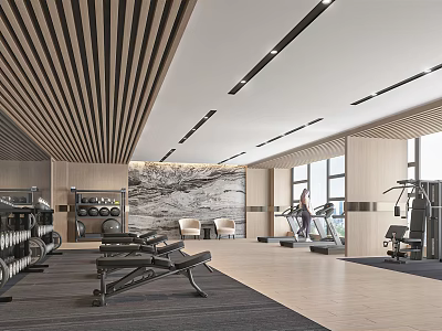 Modern Gym Workout Space With Treadmill Dumbbells Wooden Ceiling And Large Windows 3d model
