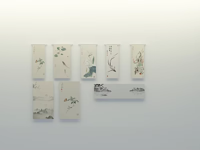 Traditional Chinese Ink Paintings on Scrolls and Cards with Botanical and Landscape Art 3d model