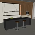 Modern Black Bar Counter In Kitchen With Wooden Stools White Cabinets And Coffee Machine