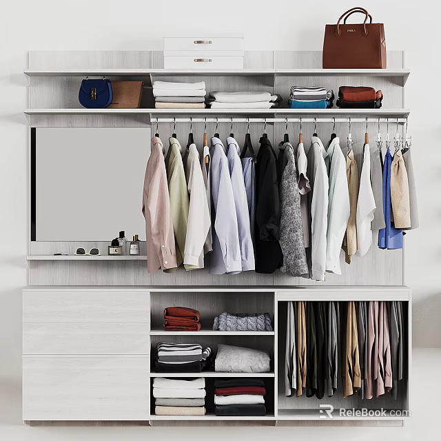 Modern Wardrobe Interior With Hanging Clothes Folded Items Mirror And Storage Shelves 3d model 