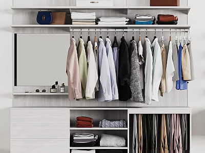 Modern Wardrobe Interior With Hanging Clothes Folded Items Mirror And Storage Shelves 3d model