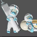 Cartoon Medical Characters in Protective Suits Holding Large Syringe and Lying on Pill