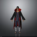 Anime Character Wearing Black Robe With Red Lining Headband Blue Top And Sandals