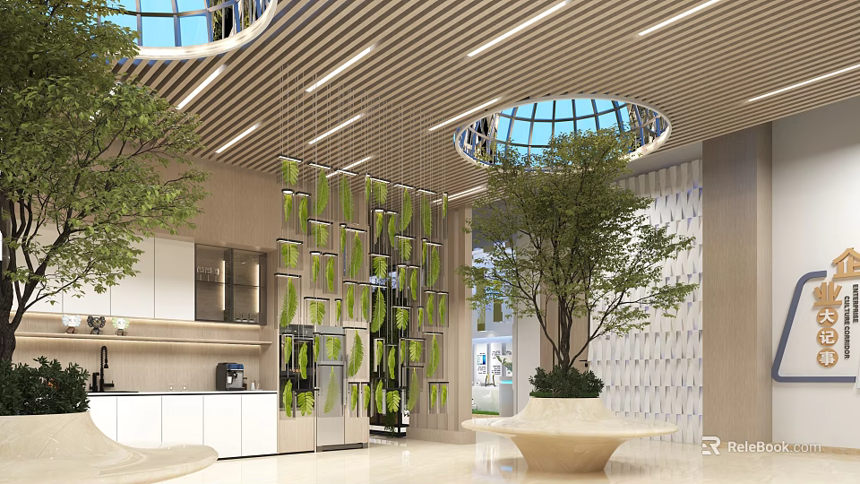 Modern Break Room With Green Plant Decorations Open Layout Skylights Wooden Ceiling And Cabinets 3d model 