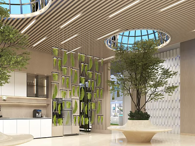Modern Break Room With Green Plant Decorations Open Layout Skylights Wooden Ceiling And Cabinets 3d model