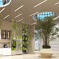 Modern Break Room With Green Plant Decorations Open Layout Skylights Wooden Ceiling And Cabinets