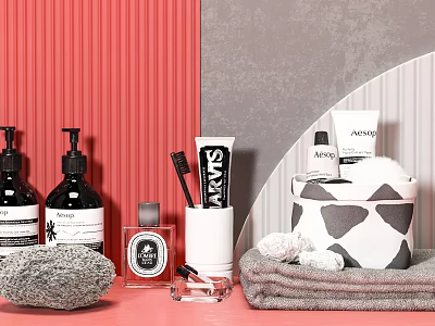 Modern Bathroom Accessories With Soap Bottles Toothbrush Towel And Storage Basket 3d model