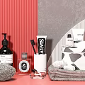Modern Bathroom Accessories With Soap Bottles Toothbrush Towel And Storage Basket