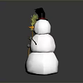Snowman Figure With Black Top Hat Red Brim Stick Arms Orange Carrot Nose And Broom