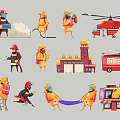 Firefighter Silhouettes With Fire Truck Helicopter And Fire Station Elements