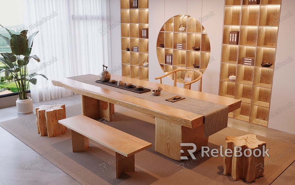 New Chinese-style Log Tea Room Solid Wood Tea Table and Chair Combination Mobile Tea Cabinet Solid Wood Low Stool Storage Tea Cabinet Tea Set Supplies Solid Wood Single Chair Potted Plant Jewelry Ornaments model