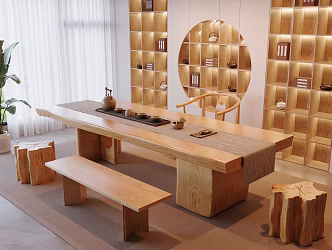 New Chinese-style Log Tea Room Solid Wood Tea Table and Chair Combination Mobile Tea Cabinet Solid Wood Low Stool Storage Tea Cabinet Tea Set Supplies Solid Wood Single Chair Potted Plant Jewelry Ornaments 3d model