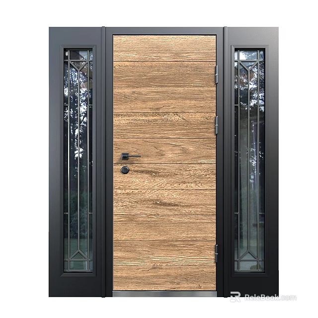 Wooden Front Door With Glass Side Panels Black Frame And Modern Design 3d model 