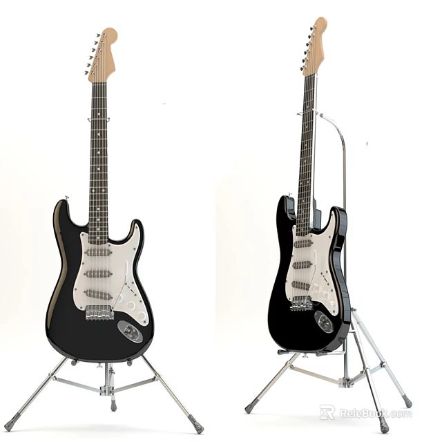 Black Electric Guitars On Metal Stands With White Background And Shiny Strings 3d model 