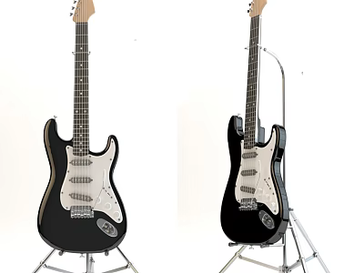 Black Electric Guitars On Metal Stands With White Background And Shiny Strings 3d model