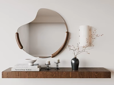 Stylish Home Decoration With Irregular Mirror Wooden Shelf And Accessories 3d model