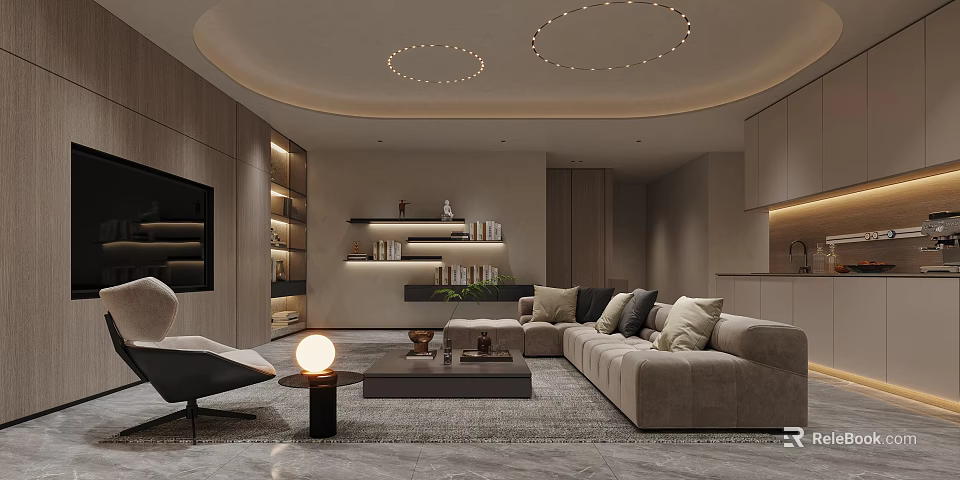 Modern Living Room Interior With Sofa Ambient Lighting And Bookshelves 3d model 
