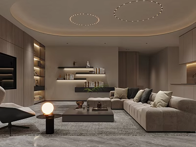 Modern Living Room Interior With Sofa Ambient Lighting And Bookshelves 3d model