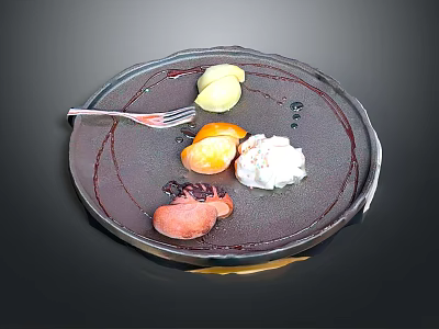 Delicious Assorted Food On Black Plate With Lemon Slices Cream Orange And Sauce 3d model