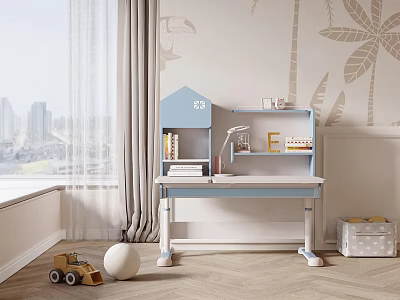 Blue And White Kids Desk With Shelf Lamp Books And Toys Near Palm Tree Wallpaper 3d model