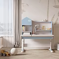 Blue And White Kids Desk With Shelf Lamp Books And Toys Near Palm Tree Wallpaper