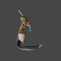 Game Movie Character in Egyptian Style With Golden Wings Snake Motifs Ornate Outfit Blue Decorations